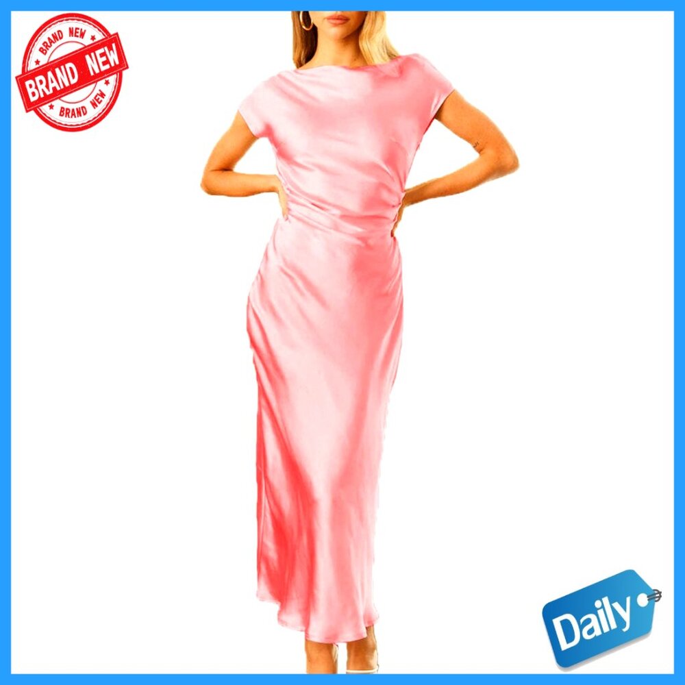 Satin Midi Dress Elegant Formal Cowl Back Ruched Waist Wedding Guest